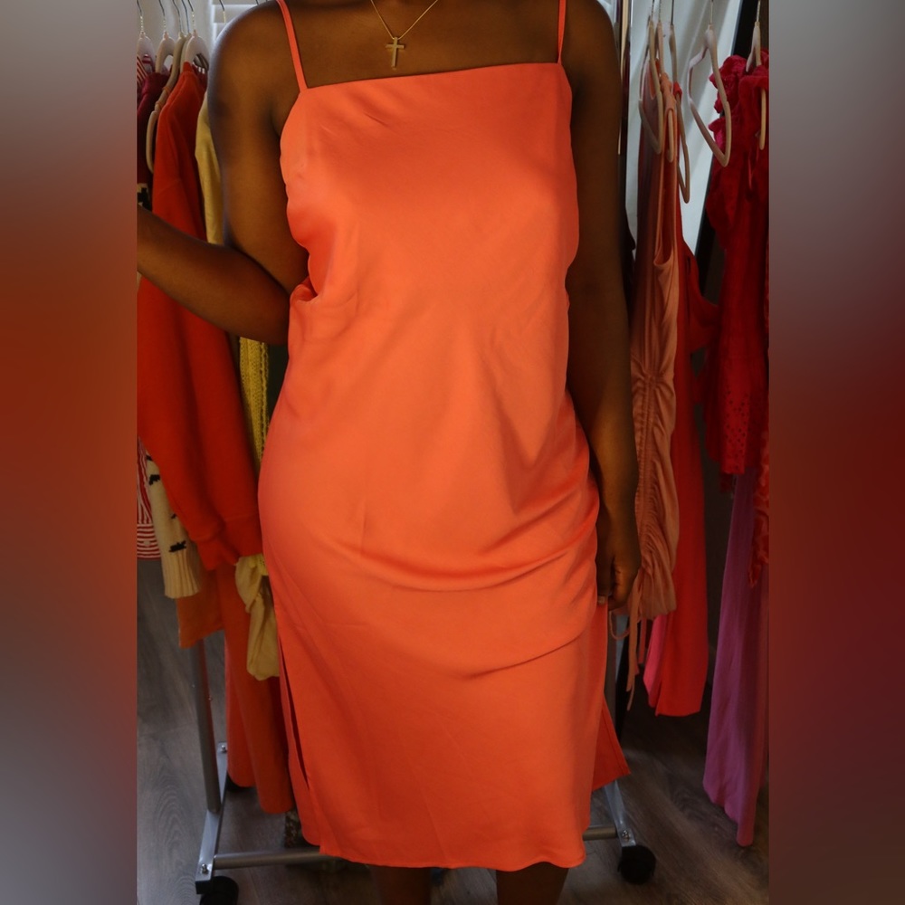 Women’s coral midi satin strap dress